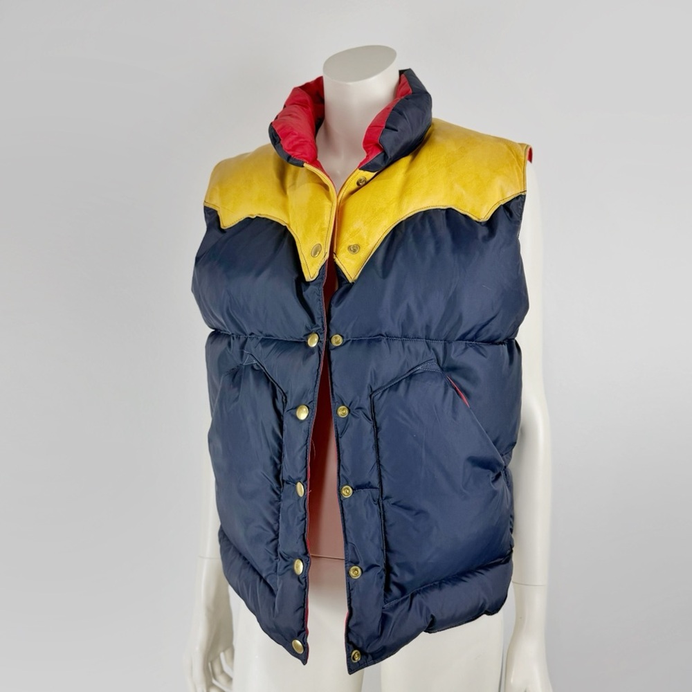Vintage Rocky Mountain Goose Down Vest Featherbed Leather Navy Red